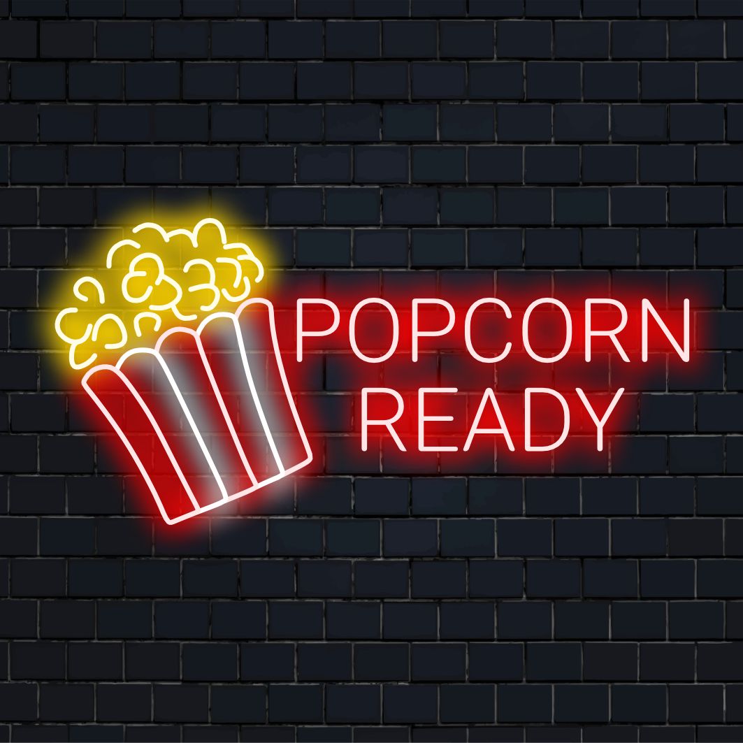 Op maat gemaakt LED-neonbord met de tekst 'Popcorn Ready' in fel licht, perfect voor filmavonden en liefhebbers van interieurdecoratie.