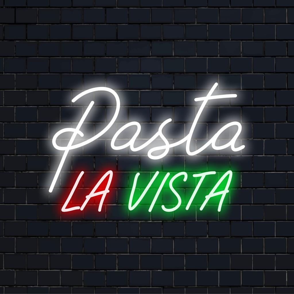 Een op maat gemaakt LED-neonbord met de tekst Pasta La Vista, perfect om een stijlvolle touch aan uw interieur toe te voegen.