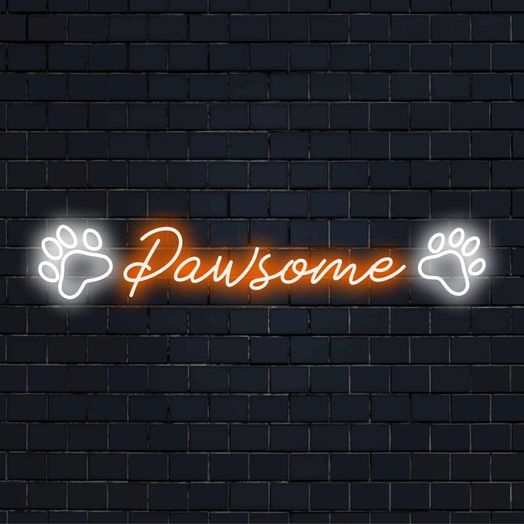Speciaal LED-neonbord met de naam Pawsome, speciaal ontworpen voor dierenliefhebbers. Het bord heeft een levendige neonkleur en een pootontwerp.