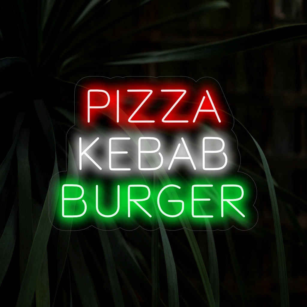 "Pizza Kebab Burger Neon Sign" is een heerlijke en veelzijdige toevoeging, perfect voor ruimtes met een gevarieerd aanbod aan heerlijke gerechten. Verlicht met de geur van een gevarieerd menu!