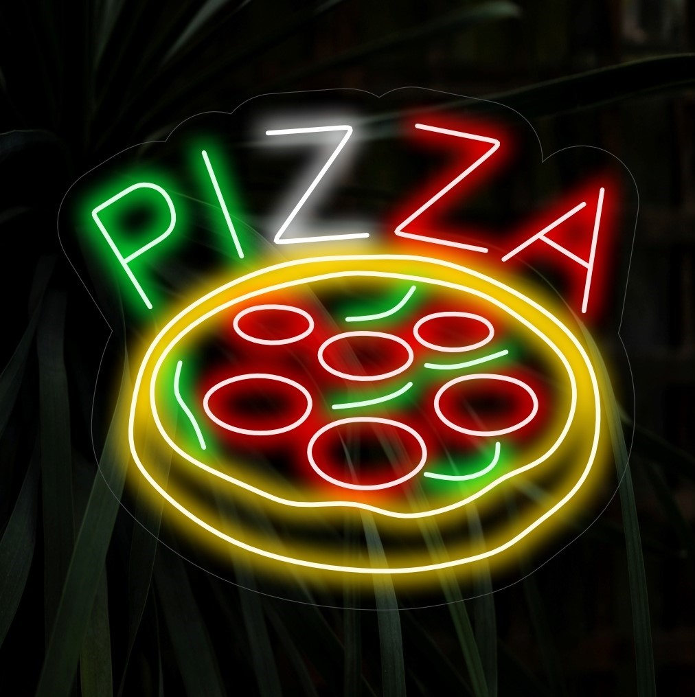 "Pizza Neon Sign" is een verrukkelijke en iconische toevoeging, ideaal voor pizzeria's en pizzaliefhebbers. Verlicht met de overheerlijke aantrekkingskracht van een versgebakken taart!