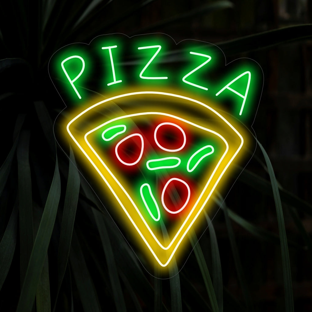 "Pizza Slice Neon Sign" is een heerlijke toevoeging, perfect voor pizzeria's en pizzaliefhebbers. Verlicht met de onweerstaanbare charme van een enkele pizzapunt!