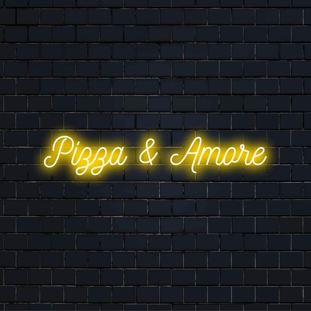 Levendig neonbord van Pizza & Amore, dat eten en liefde combineert; ideaal voor een gezellige sfeer of restaurantdecoratie.