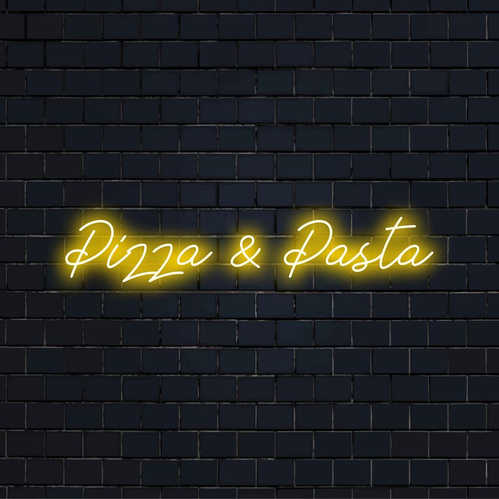 Levendig neonbord met een gekruiste pizzapunt en pasta vork, perfect LED-ontwerp voor een interieur voor fijnproevers.