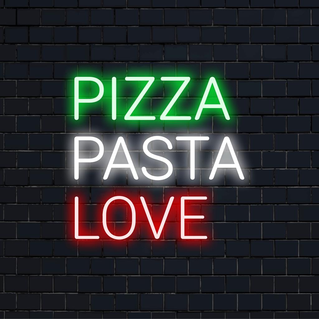 Op maat gemaakt LED-neonbord met de tekst Pizza Pasta Love met een levendige, kleurrijke gloed; perfect als unieke neondecoratie aan de muur.