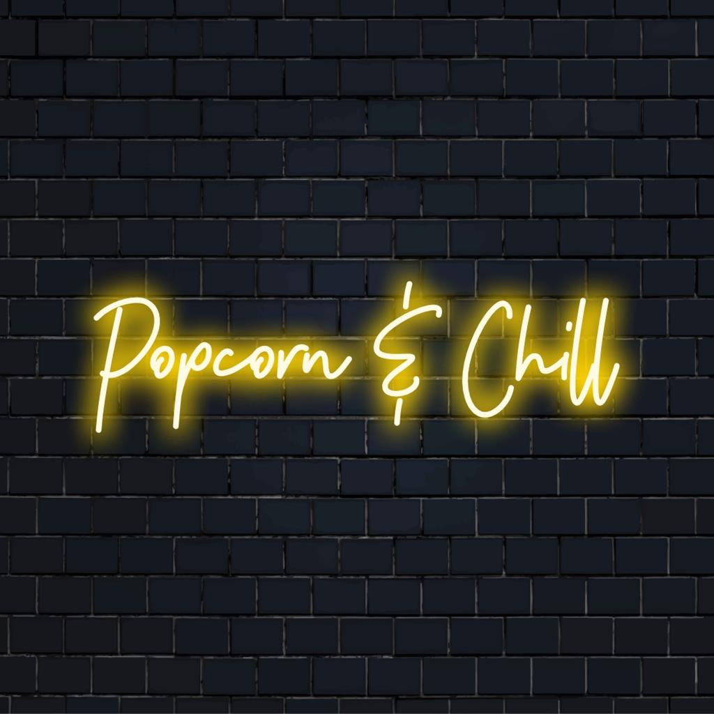 Popcorn Chill neonreclame; op maat gemaakte LED-decoratie voor bioscopen of lounges, met speelse popcorn en tekstontwerp in warme tinten.