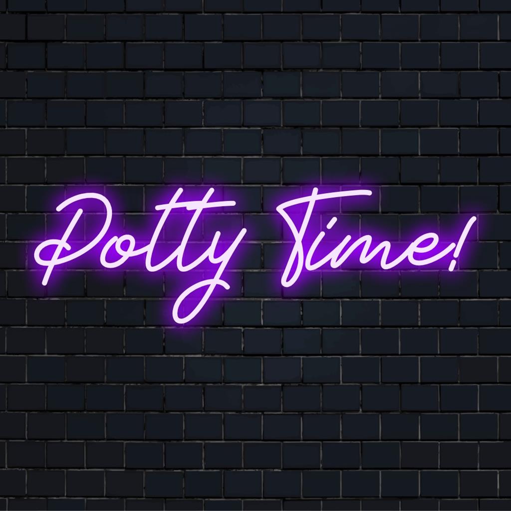 Levendig LED-neonbord met de tekst Potty Time, ideaal voor een speelse badkamerinrichting, een mix van humor en moderne neonkunst.