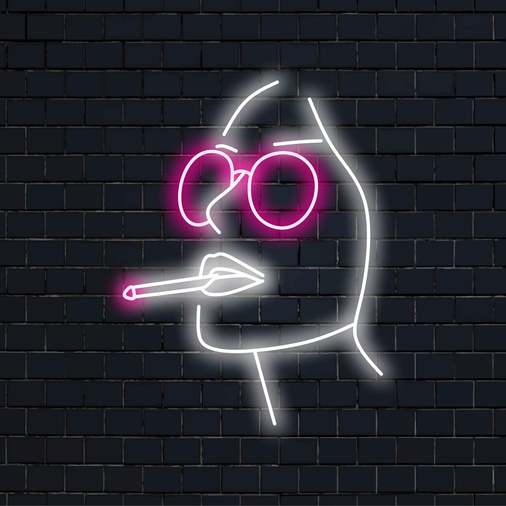 LED-bord met een mooi meisje dat sigaret rookt: neonkunst op maat voor een unieke wanddecoratie. Het legt elegantie en pit vast in een levendige gloed.