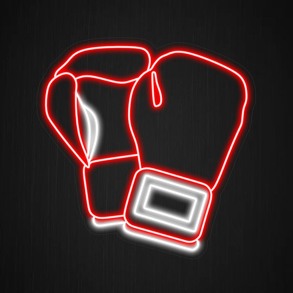 "Neonreclame met rode bokshandschoenen" toont felrode handschoenen en voegt een dynamische en energieke sfeer toe aan uw fitness- of sportdecor.