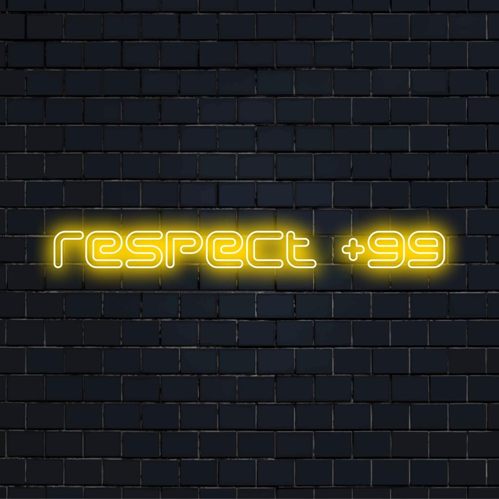 Levendig, op maat gemaakt LED-neonbord met de tekst 'Respect +99', perfect als unieke neonwandkunst of op maat gemaakt decoratiestuk.