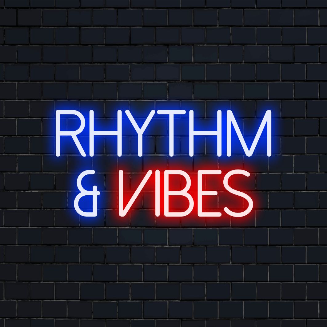 Levendig ritme en vibes neonbord - Dit op maat gemaakte LED-ontwerp verlicht ruimtes en voegt een levendig en persoonlijk tintje toe.