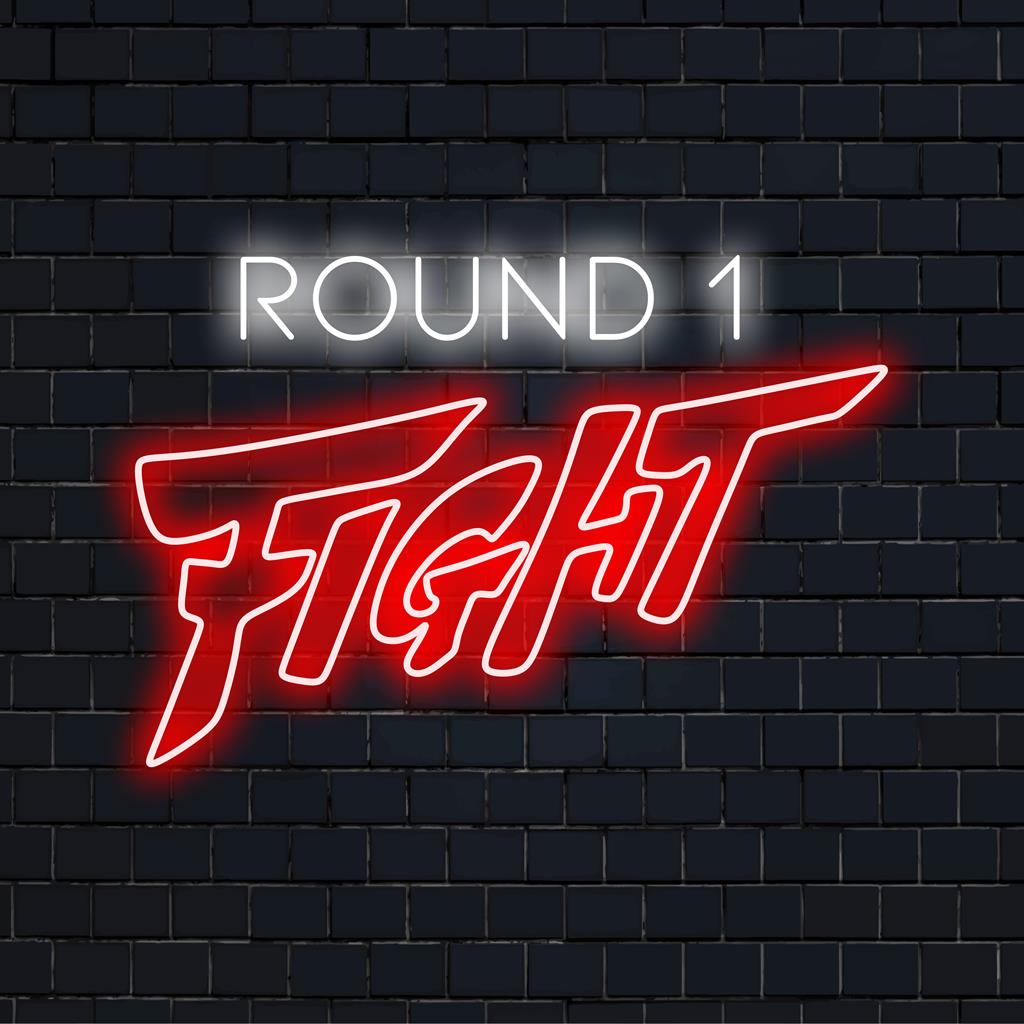 Neonreclame van Round 1 Fight, een levendig, op maat gemaakt LED-stuk, ideaal als gamingdecoratie of thematische neonmuurkunst.
