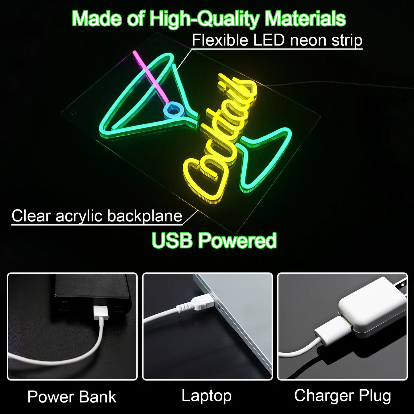 Groene Cocktails 5V USB LED Neon Sign - Budgetvriendelijk