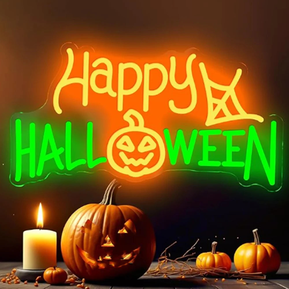 Op de afbeelding staat een levendig LED-neonbord met de tekst "Happy Halloween".