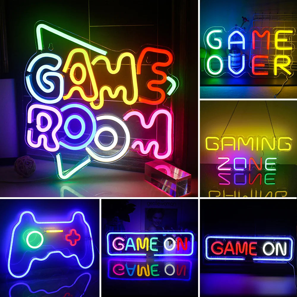 Op de afbeelding is een levendig LED-neonbord te zien waarop in opvallende, speelse letters de tekst 'Game Room' staat.