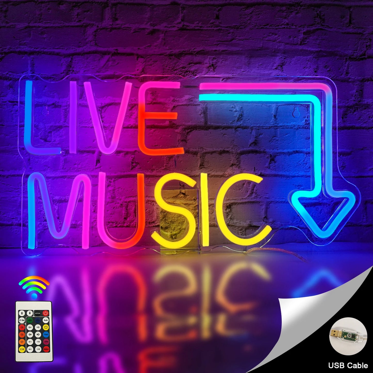 Een levendig LED-neonbord met de tekst "Live Music" in een opvallend, artistiek lettertype.