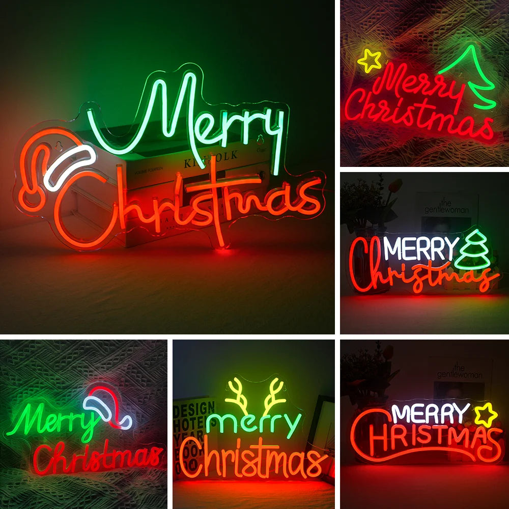 Een levendig LED-neonbord met de tekst "Merry Christmas" in een elegant en feestelijk, cursief lettertype.