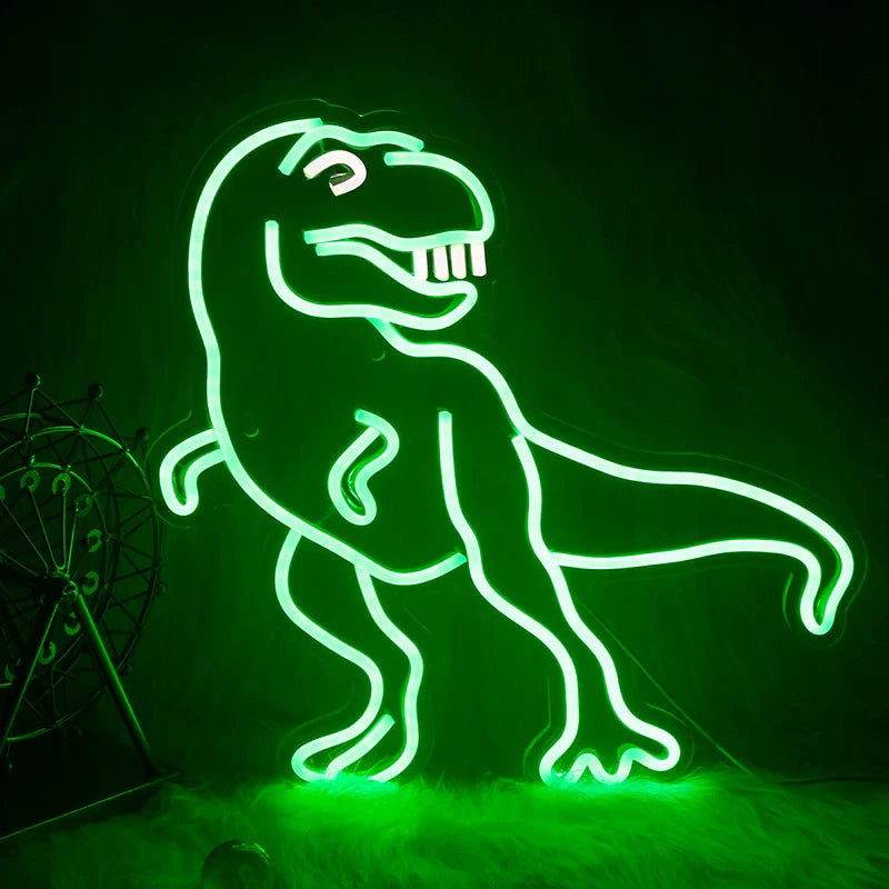 De afbeelding toont een grappig LED-neonbord met dinosaurussen.