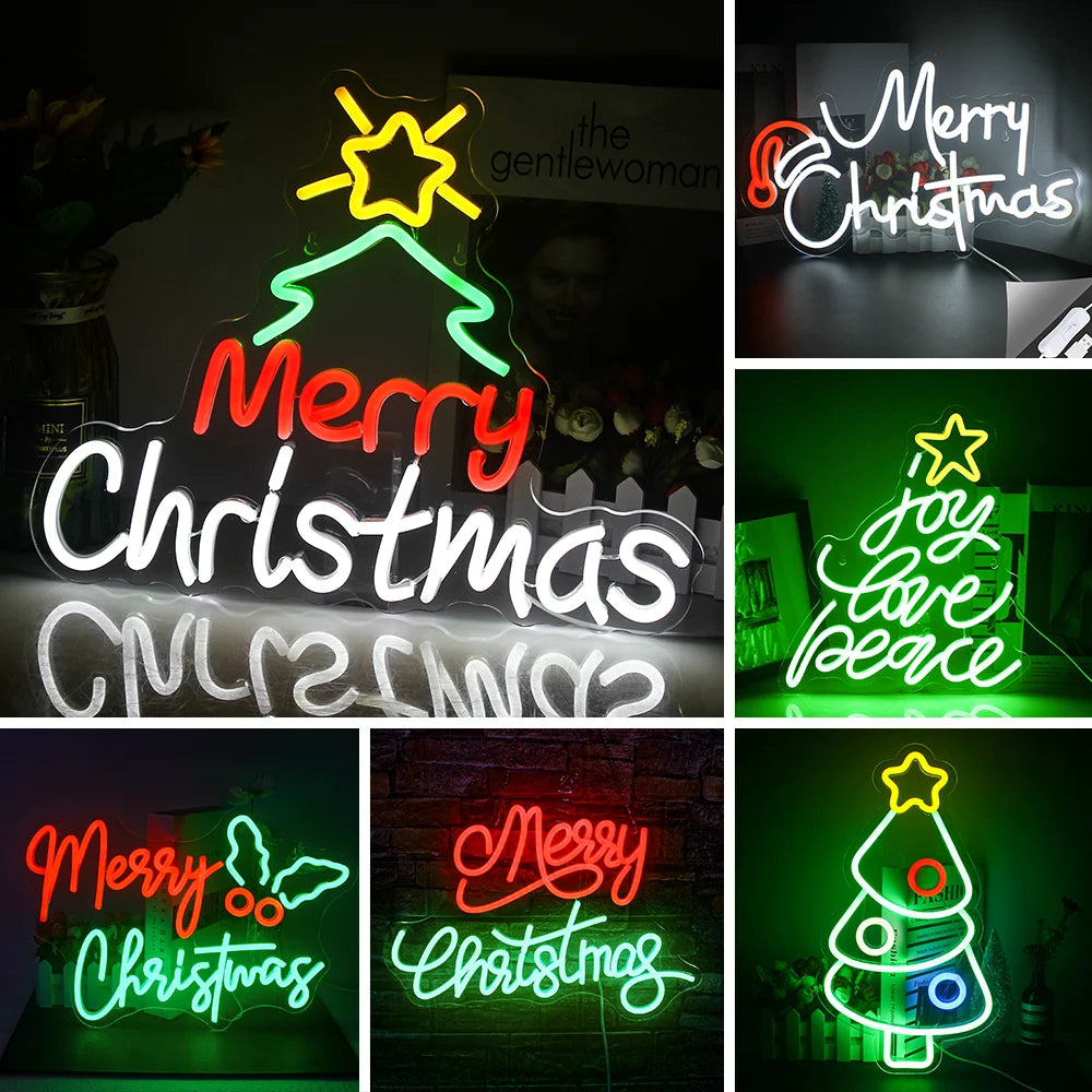 Op de afbeelding staat een levendig LED-neonbord met de tekst "Merry Christmas", dat een warm en feestelijk licht uitstraalt.