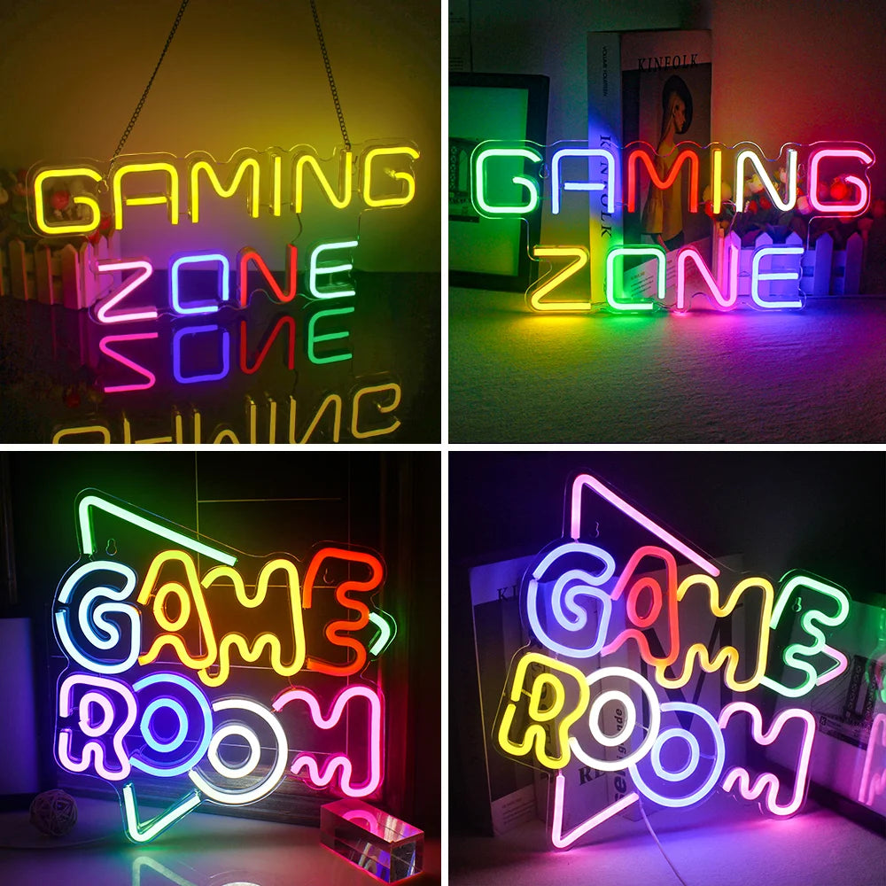 Een opvallend en opvallend LED-neonbord, speciaal ontworpen voor gamers, staat tegen een donkere muur.