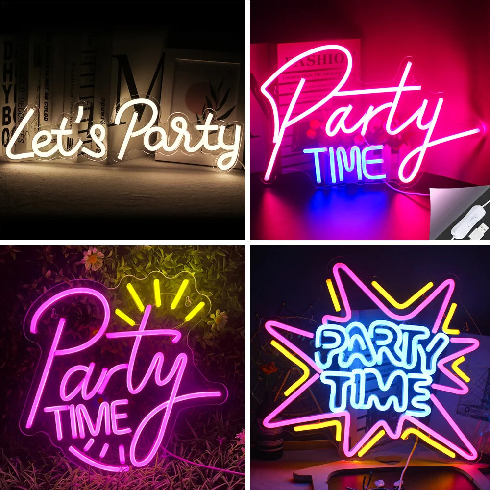Op de afbeelding staat een levendig "Let's Party" LED-neonbord.