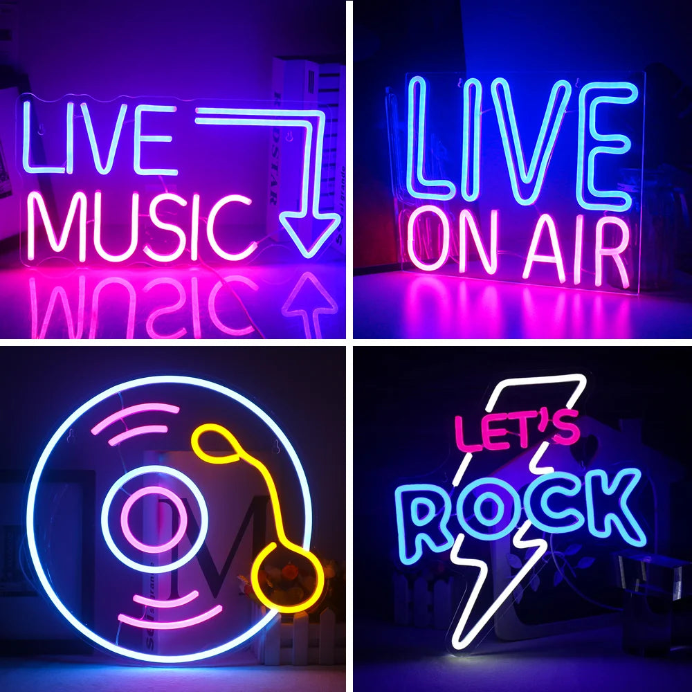 Op de afbeelding is een opvallend LED-neonbord te zien, waarop in felle, oplichtende letters de tekst 'Live Music' staat.
