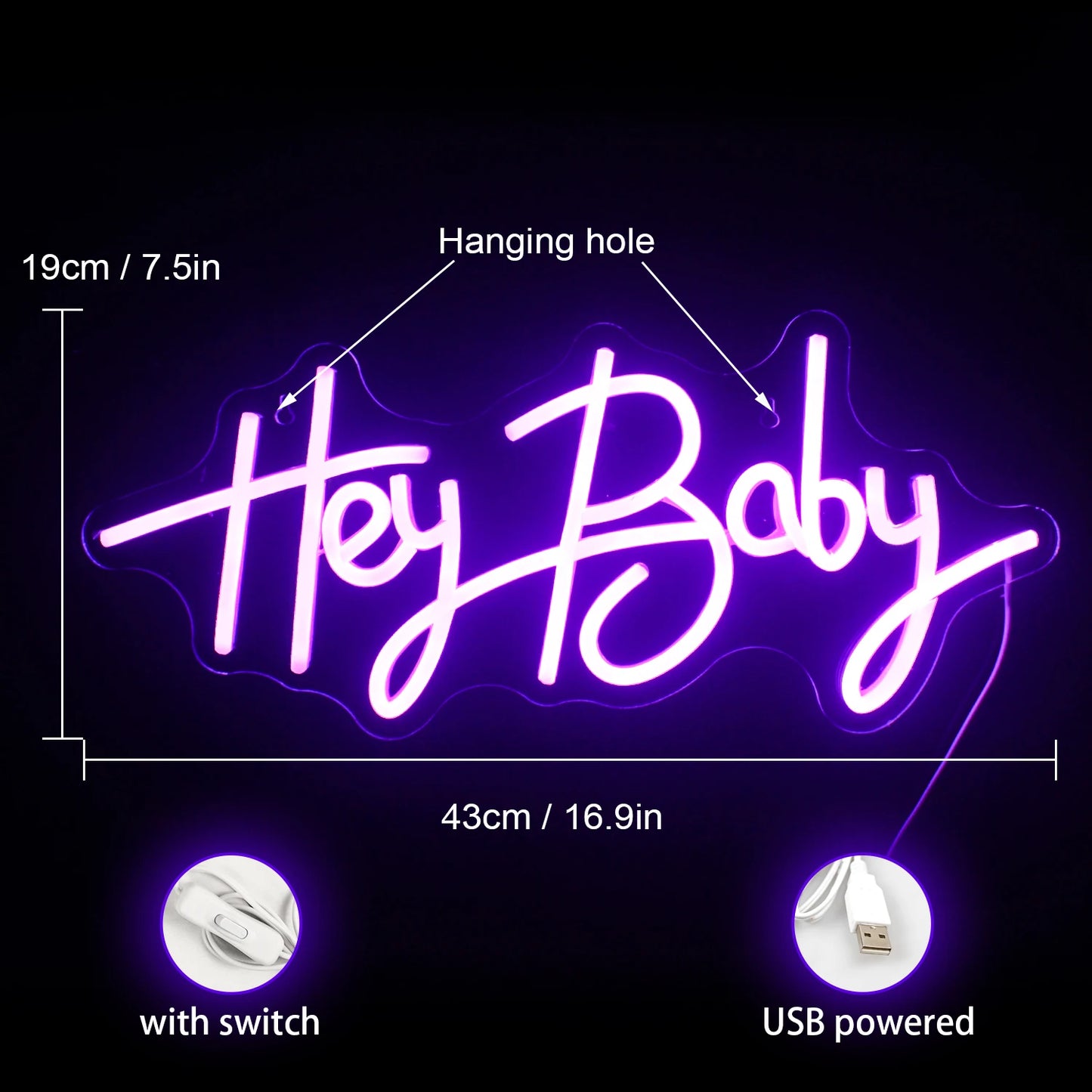 Hey Baby 5V USB LED Neon Sign - Budgetvriendelijk