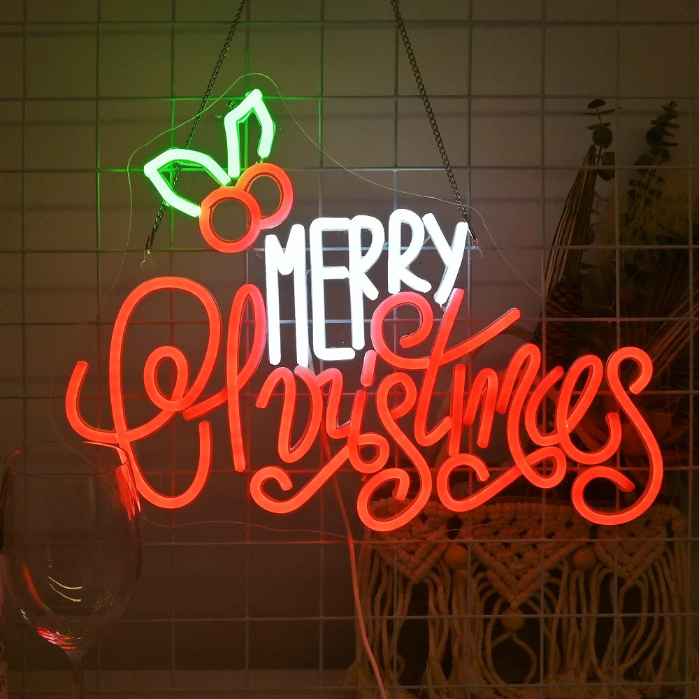 De afbeelding toont een levendig en feestelijk "Merry Christmas" LED-neonbord.