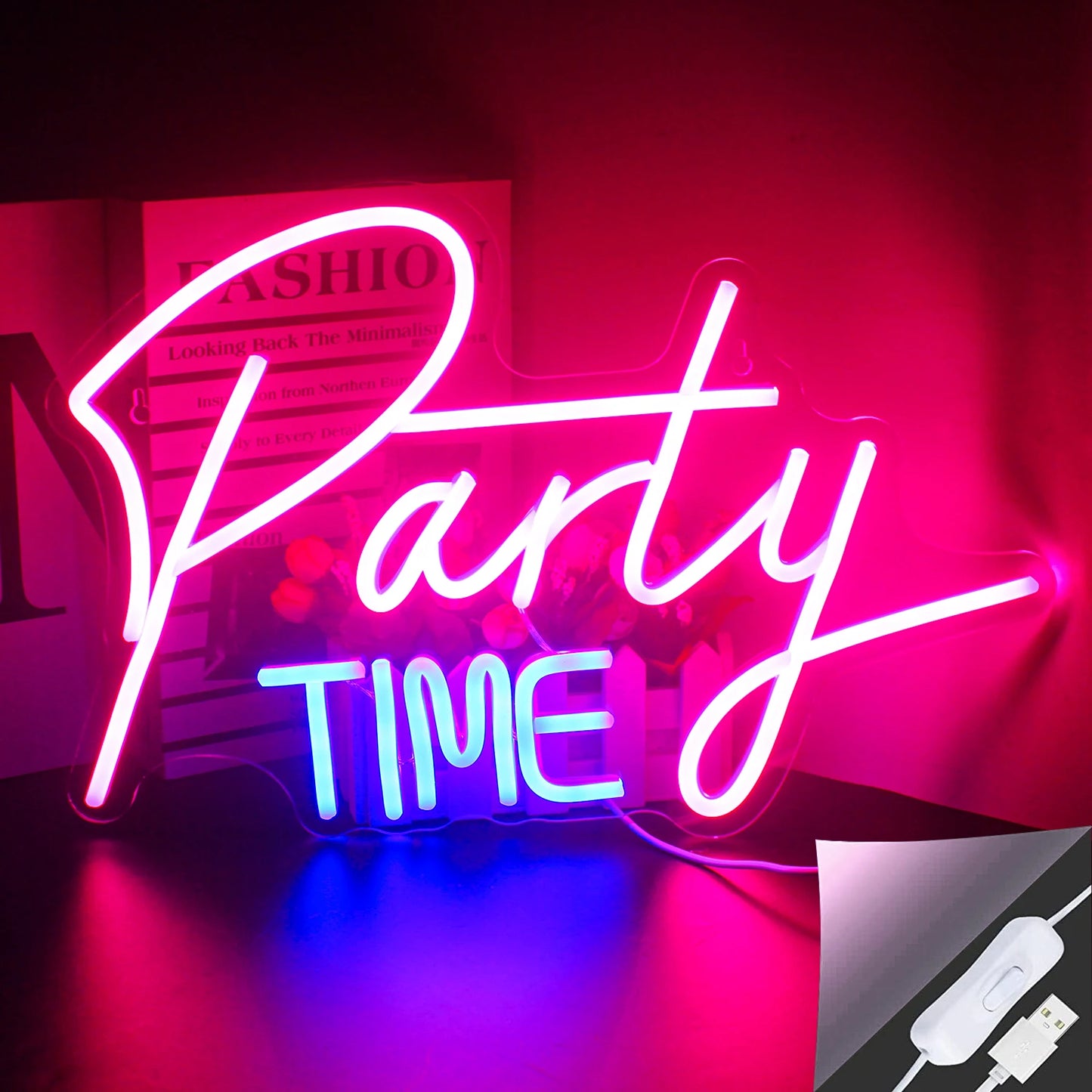 De afbeelding toont een levendig LED-neonbord met de tekst "Party Time" in een speels, cursief lettertype.