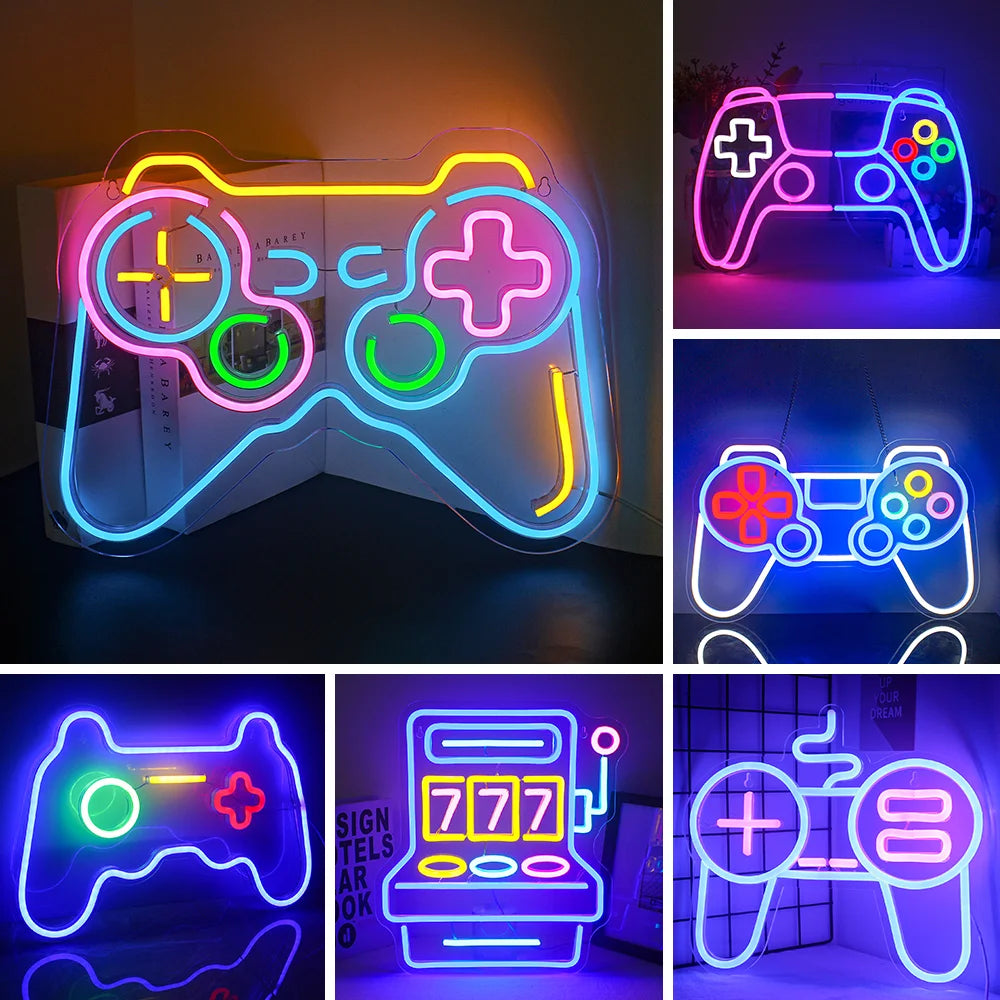Op de afbeelding is een opvallend LED-neonreclamebord te zien in de vorm van een gamecontroller.