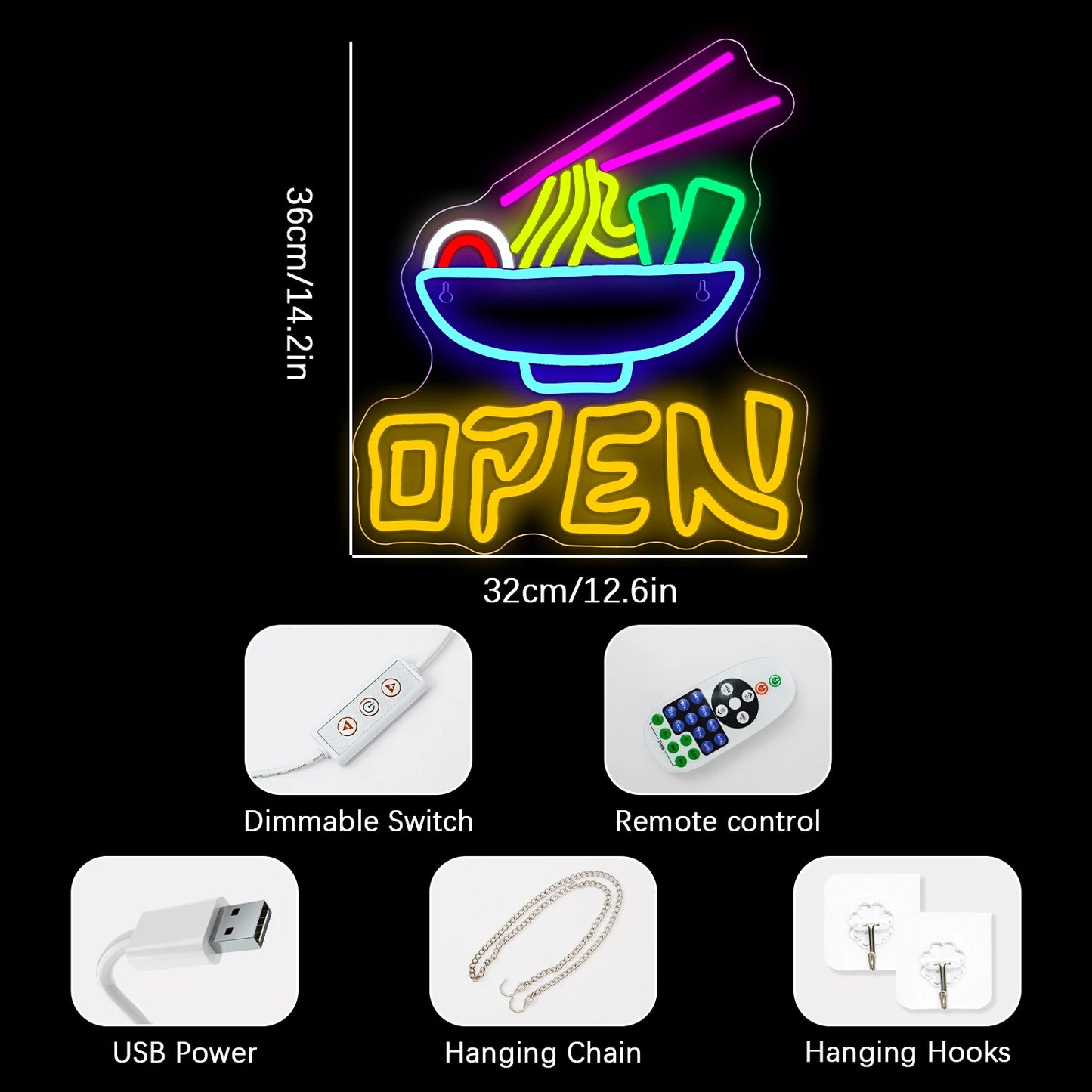 Open Ramen 5V USB LED Neon Sign - Budgetvriendelijk