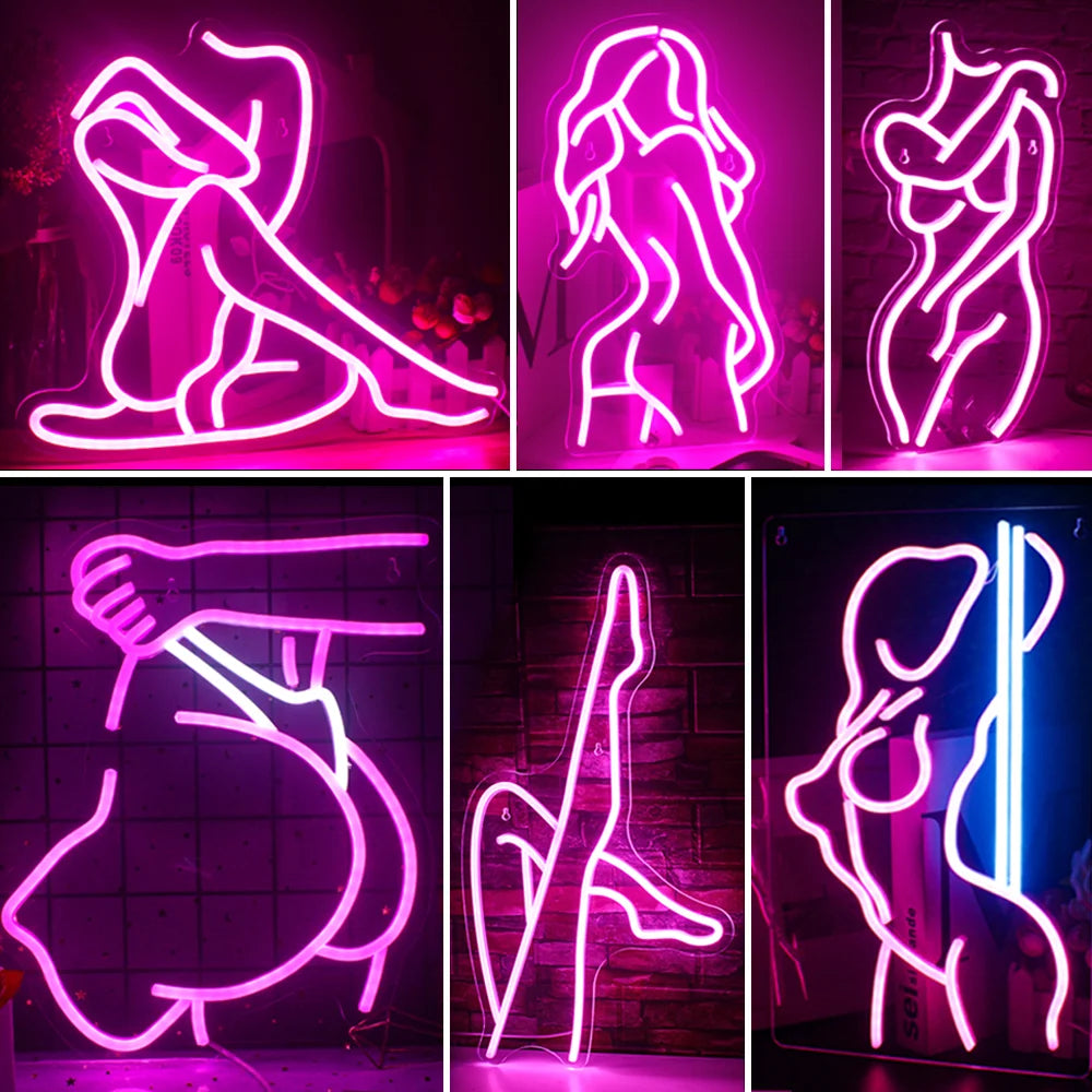 Op de afbeelding is een opvallend LED-neonbord te zien met het silhouet van een sexy dame.