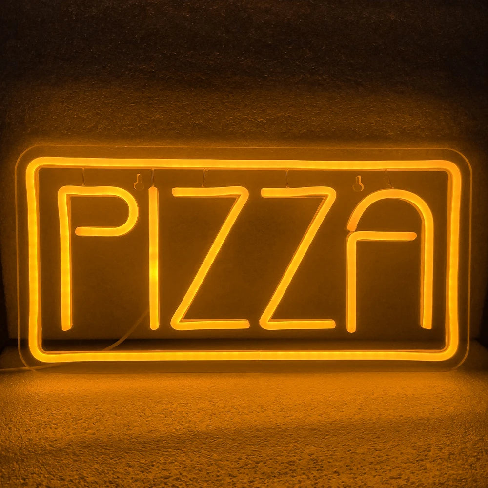 Een opvallend LED-neonbord met het woord "PIZZA" in opvallende, felrode letters.