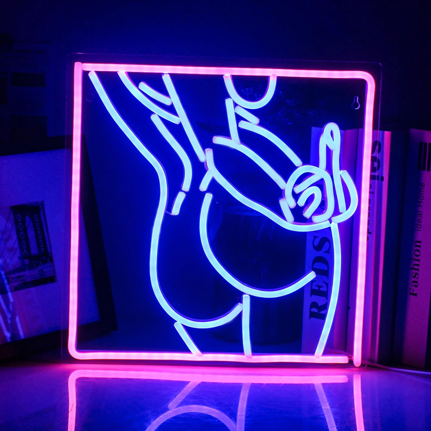 De afbeelding toont een handgemaakt LED-neonbord met daarop het silhouet van een vrouwenlichaam in een stijlvolle en sensuele pose.