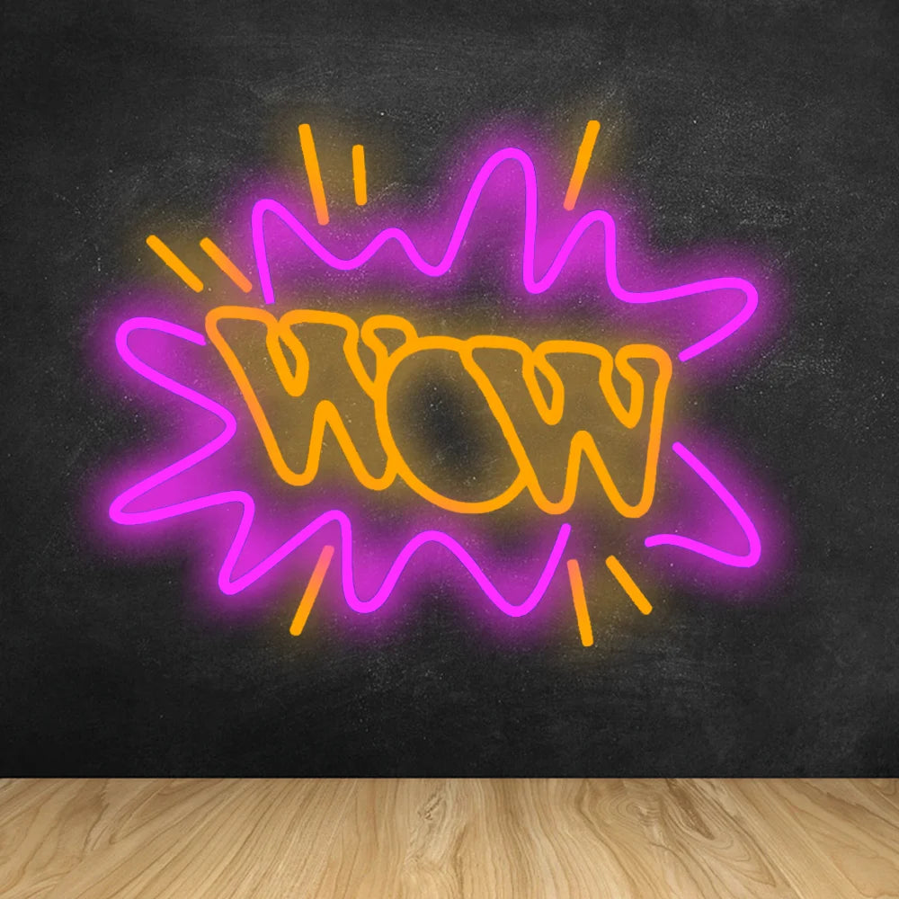 Een levendig LED-neonbord met het woord "WOW" in gloeiende roze letters tegen een donkere achtergrond.