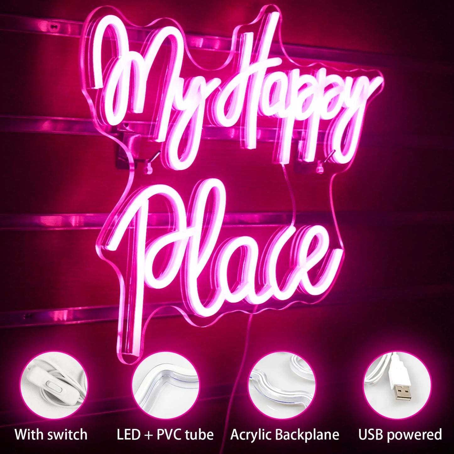 My Happy Place 5V Mini USB LED Neon Sign - Budgetvriendelijk