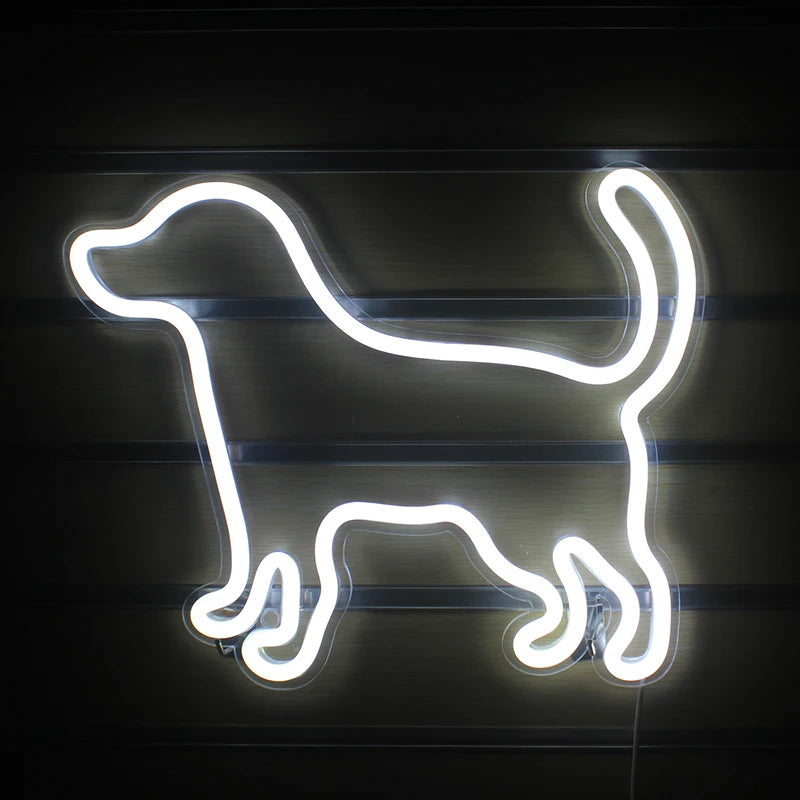Een levendig LED-neonbord in de vorm van een klein, speels hondje.