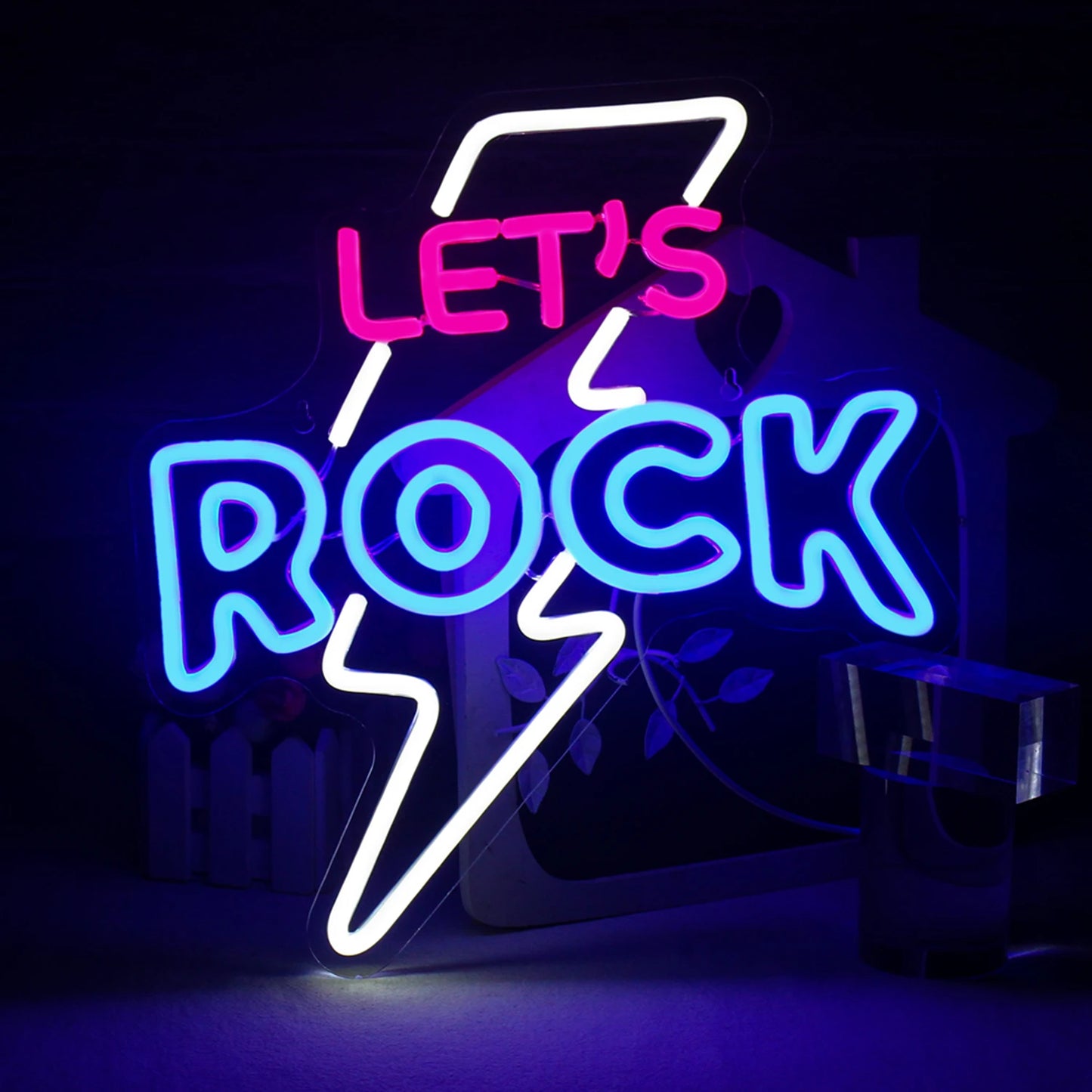 Een opvallend LED-neonbord met de tekst "Let's Rock".