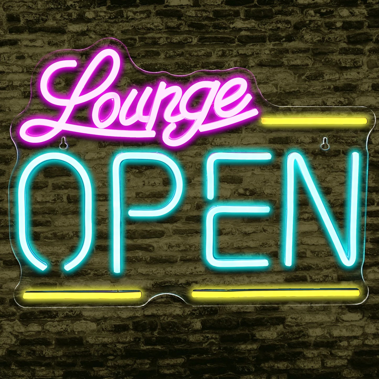 Op de afbeelding is een levendig, handgemaakt LED-neonbord te zien met de tekst 'Lounge Open'.