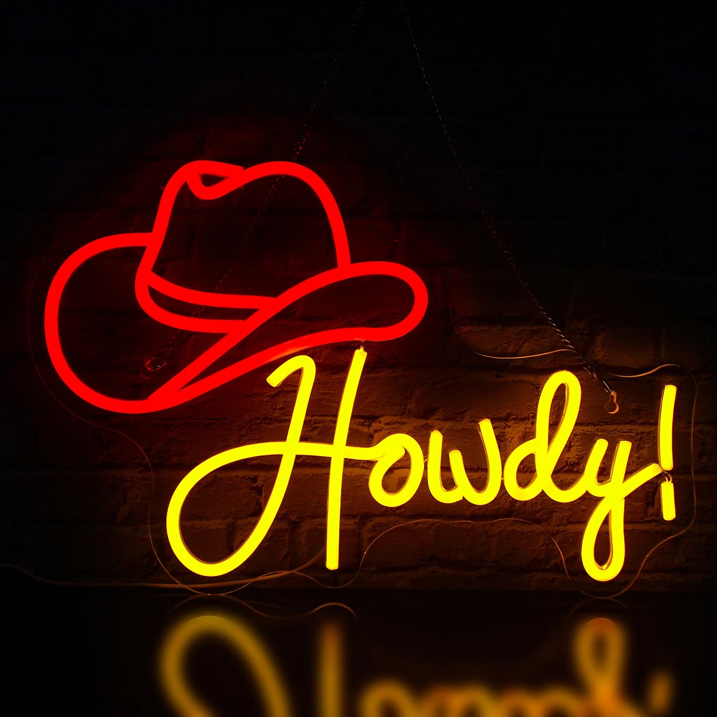 Een levendig LED-neonbord in de vorm van een cowboyhoed, met het woord "Howdy" elegant geïntegreerd in het ontwerp.