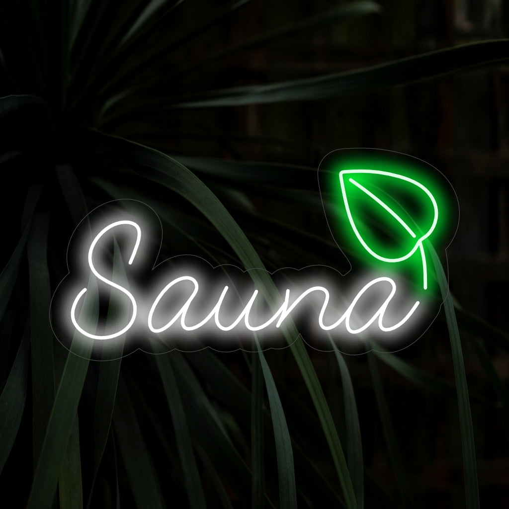 "Sauna and Leaf Neon Sign" straalt rust uit met zijn rustgevende ontwerp en voegt een uitnodigende en natuurlijke toets toe aan het interieur van uw spa of wellness.