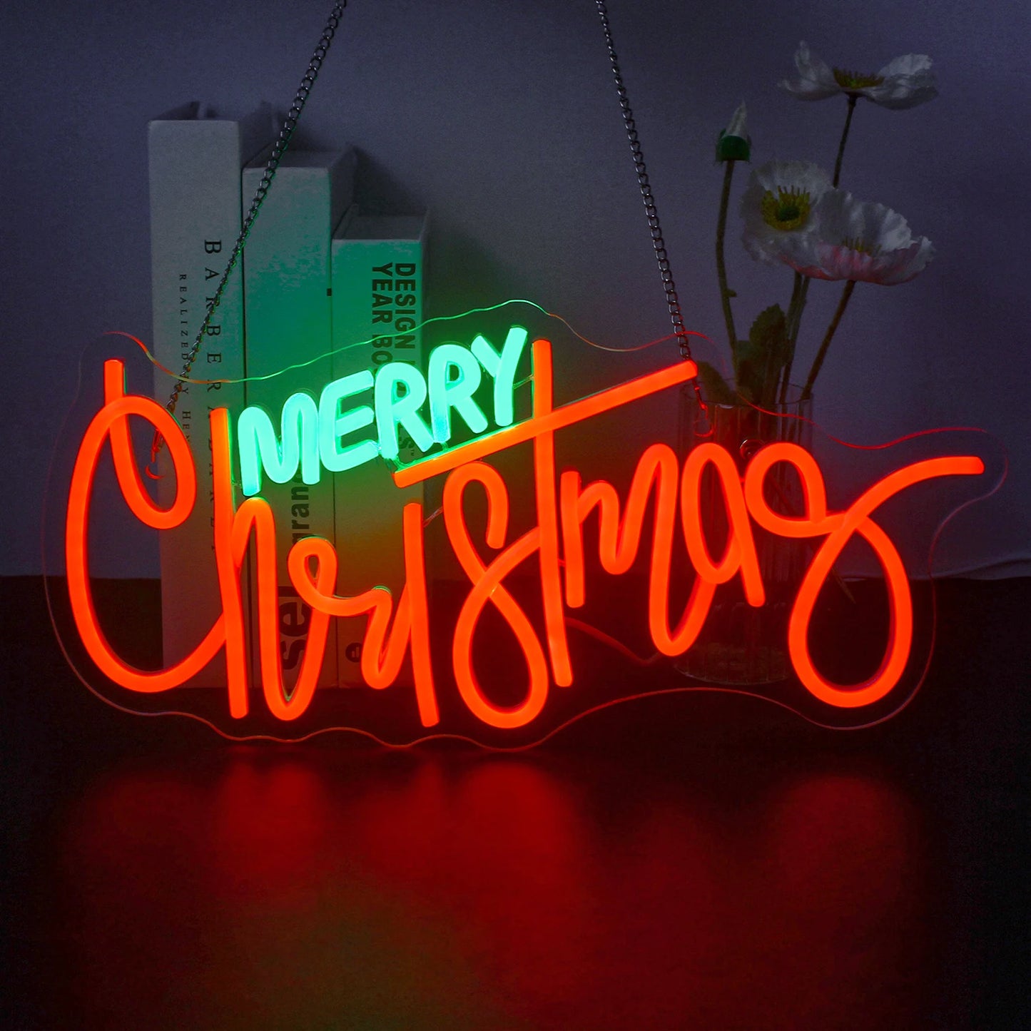 Een levendig LED-neonbord met de feestelijke tekst "Merry Christmas" in een elegant, vloeiend lettertype.