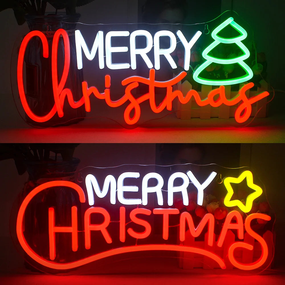 De afbeelding toont een levendig LED-neonbord met de tekst "Merry Christmas" dat tegen een kale muur is gemonteerd.
