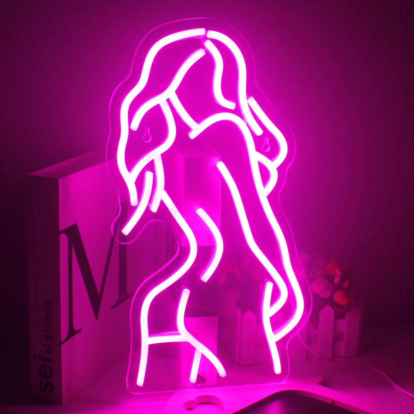 De afbeelding toont een stijlvol en artistiek LED-neonbord in de vorm van het silhouet van een sexy dame.