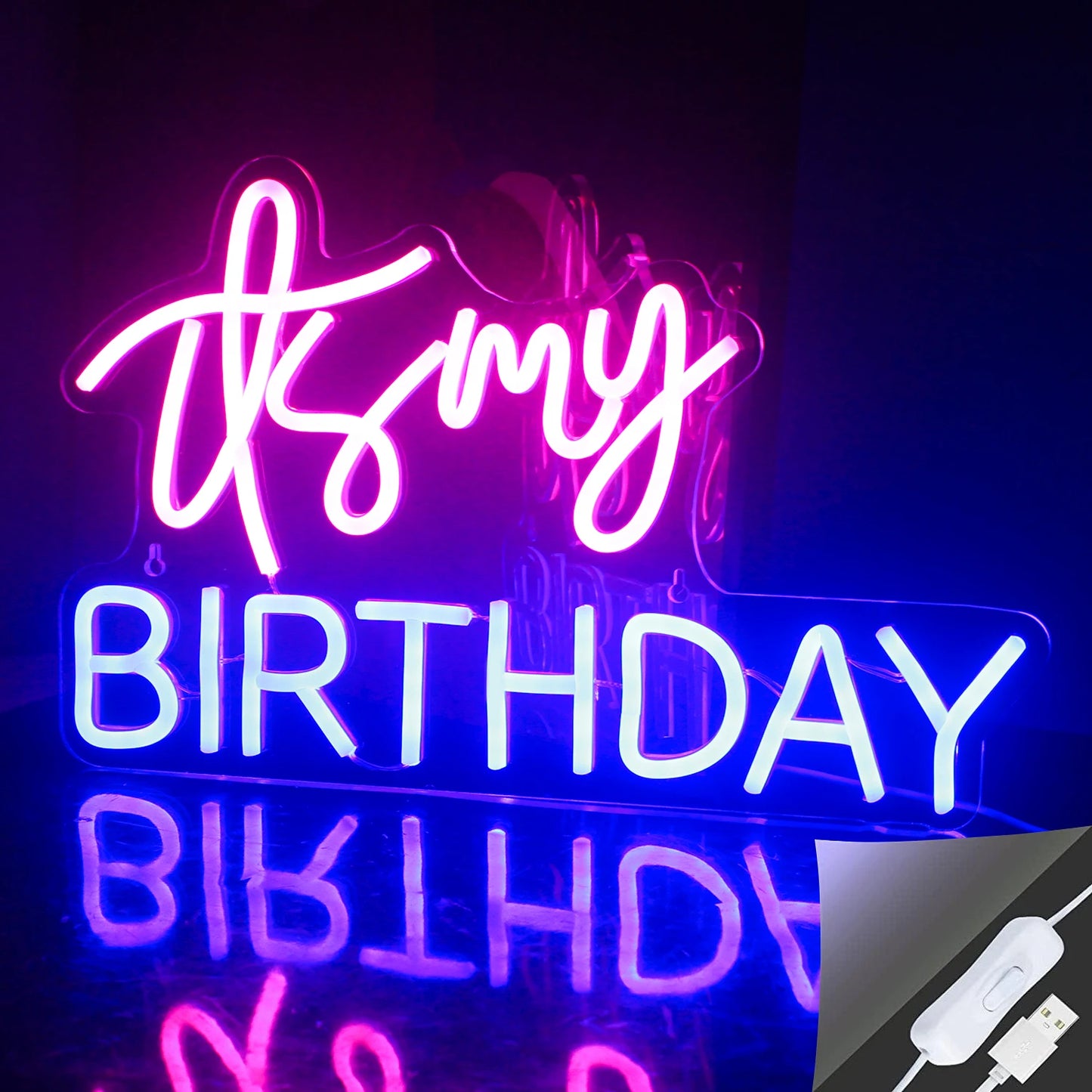 De afbeelding toont een levendig, handgemaakt LED-neonbord waarop in elegante, cursieve letters de tekst "My Birthday" staat.