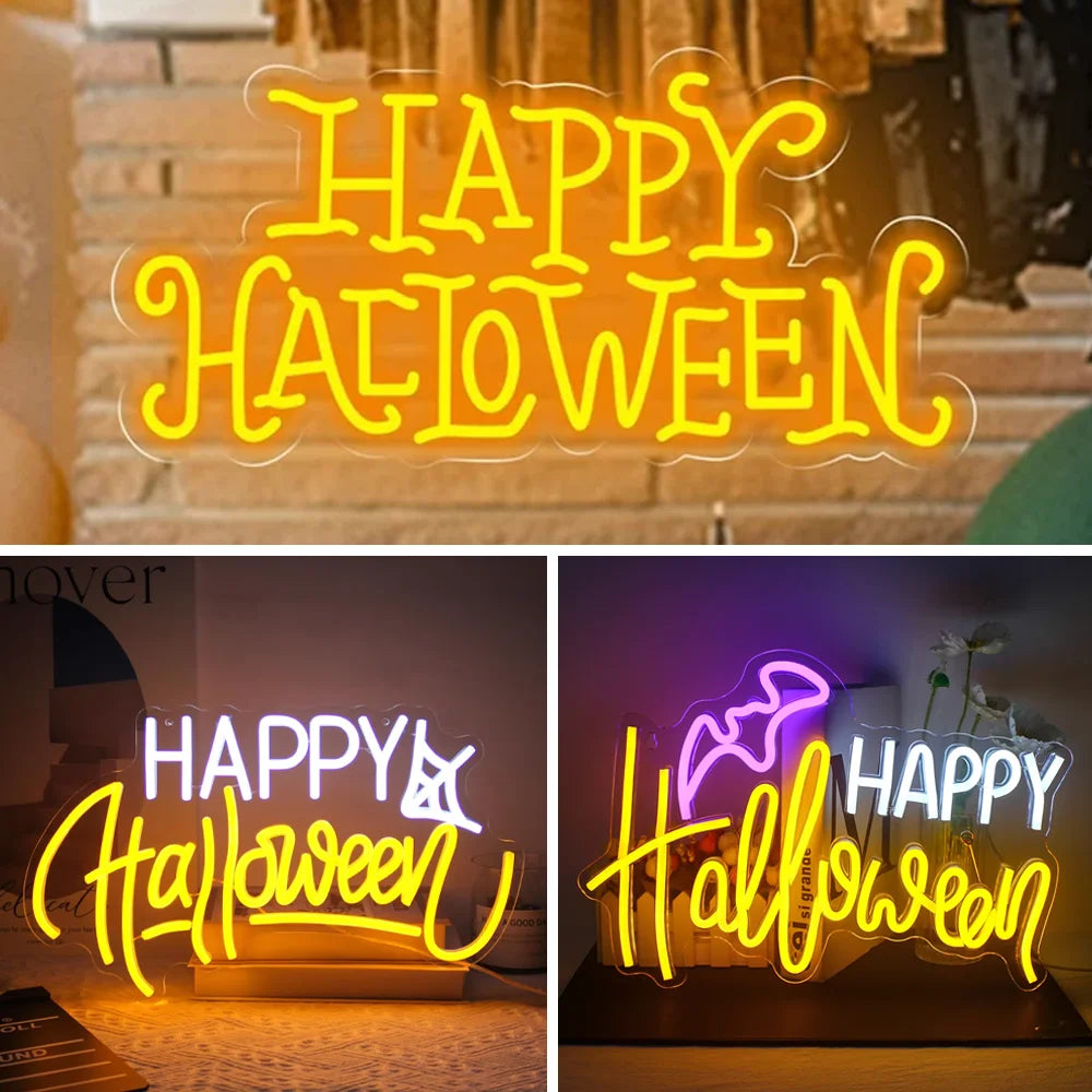 Een levendig LED-neonbord met de tekst "Happy Halloween" licht op tegen een donkere achtergrond.