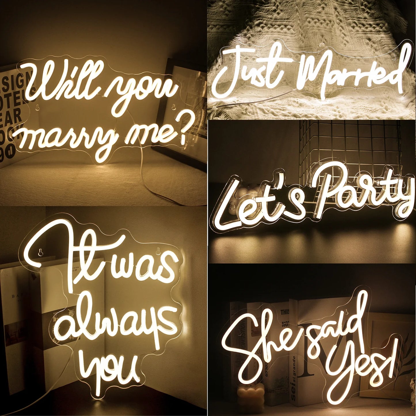 Een stijlvol LED-neonbord met de tekst 'Will You Marry Me' in een elegant, oplichtend lettertype.