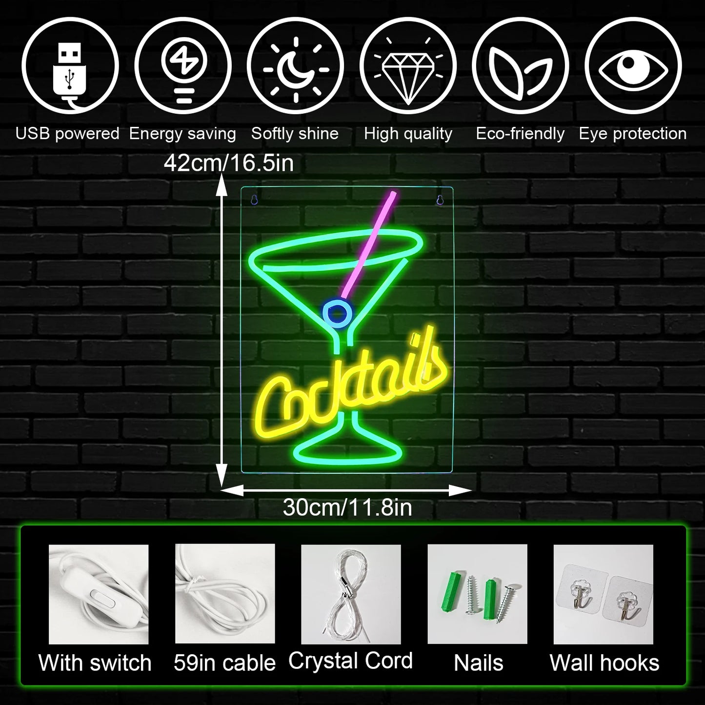 Groene Cocktails 5V USB LED Neon Sign - Budgetvriendelijk