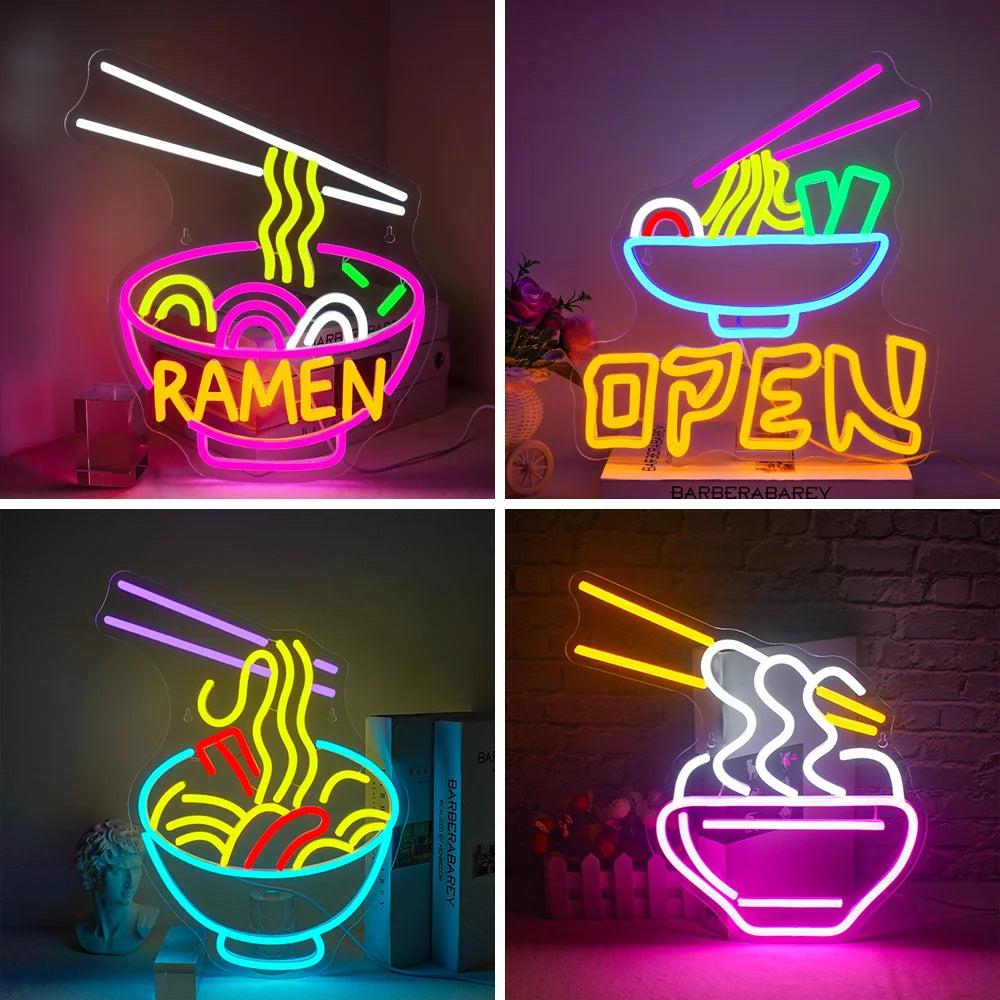 Op de afbeelding is een levendig, handgemaakt LED-neonbord te zien met daarop een gestileerde kom ramen.