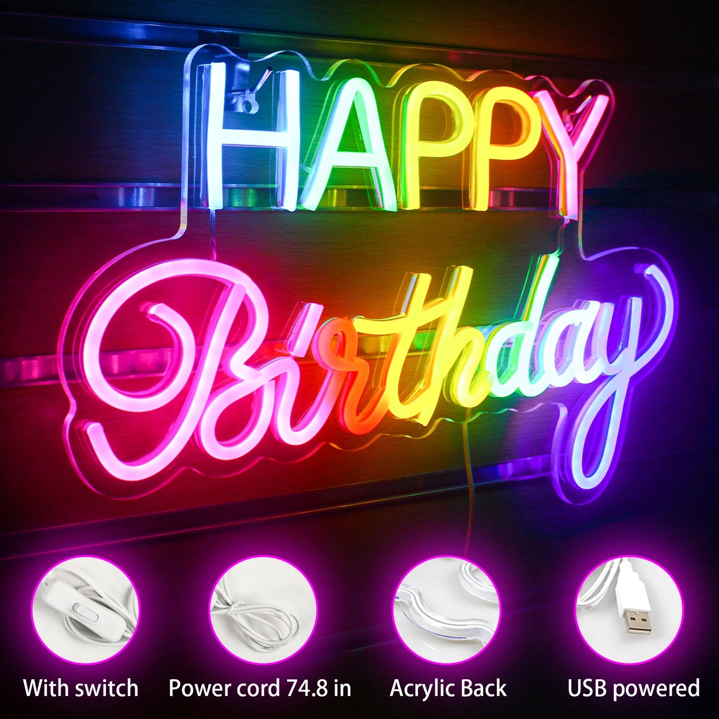 Led Happy Birthday Kleur 5V USB LED Neon Sign - Budgetvriendelijk
